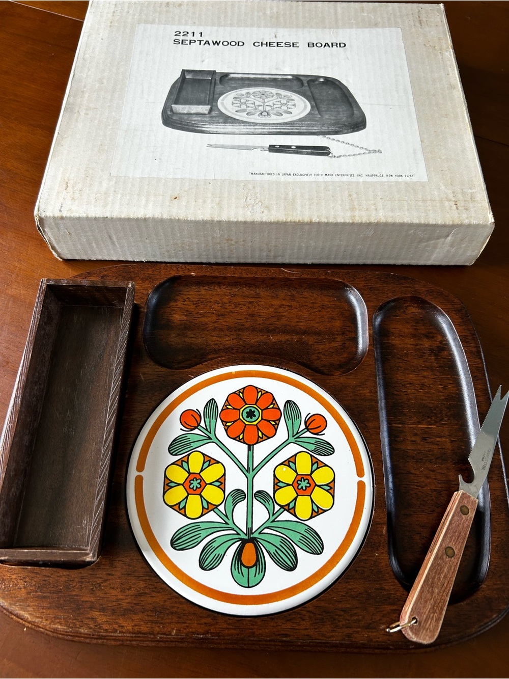 70’s Charcuterie-Cheese Board with Floral Ceramic Plate - Mid Century Modern